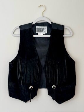 Vintage Spring West Genuine Leather Western Fringe Vest, Black – Medium